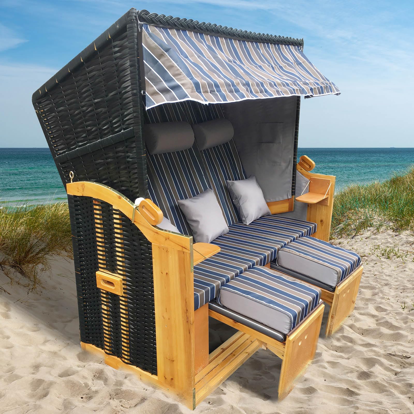 brast-usedom-strandkorb-3-sitzer-braun-blau-gestreift-volllieger image 1