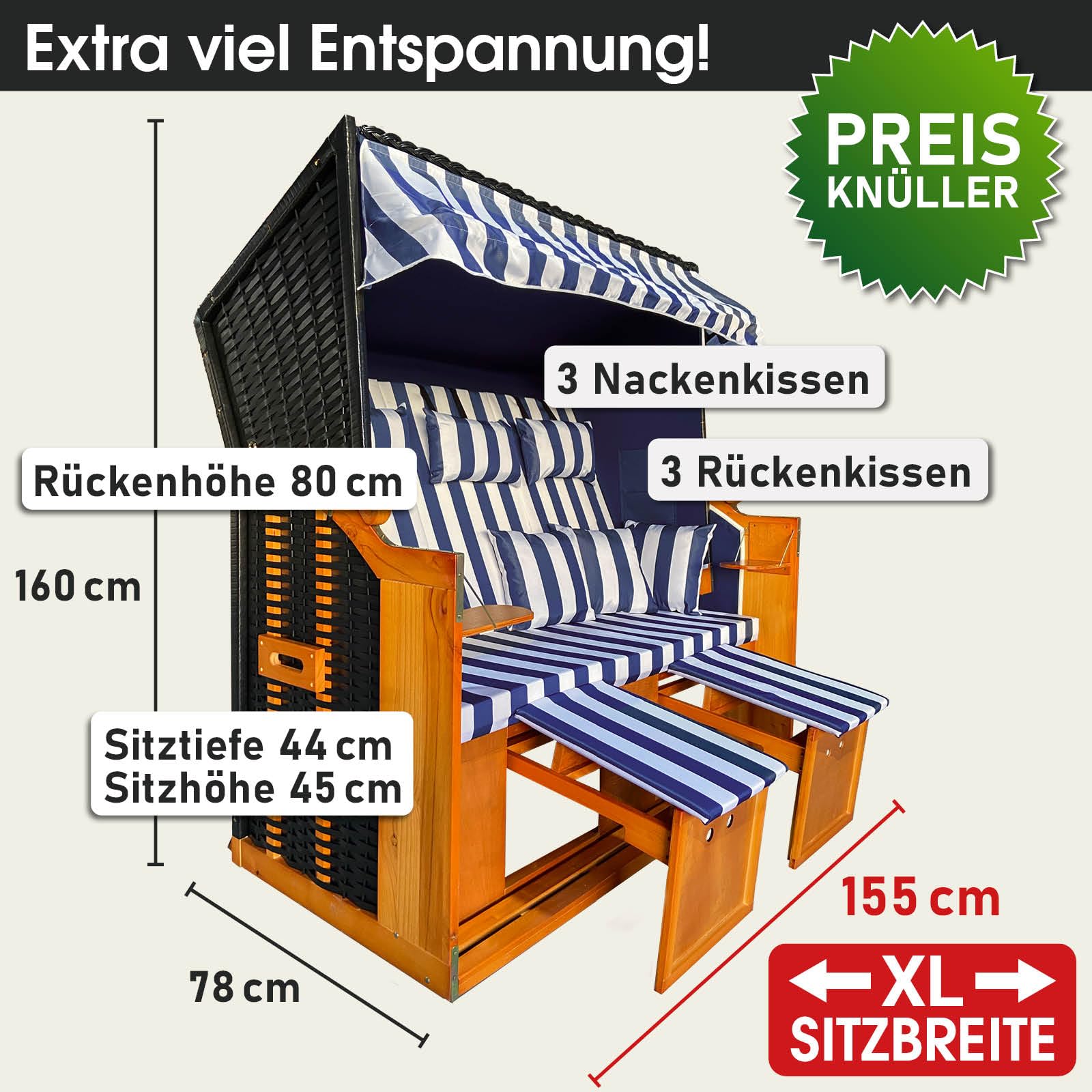 brast-ostsee-strandkorb-3-sitzer-xl-blau-wei-155-cm image 2