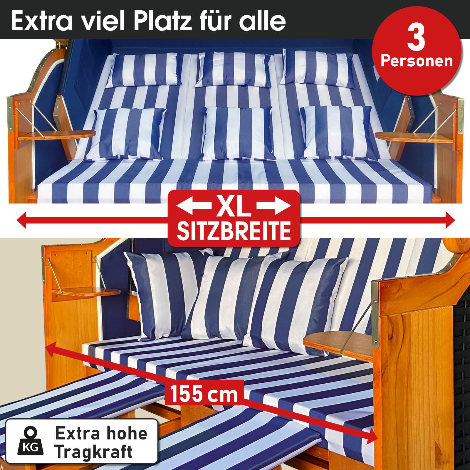 brast-ostsee-strandkorb-3-sitzer-xl-blau-wei-155-cm image 3